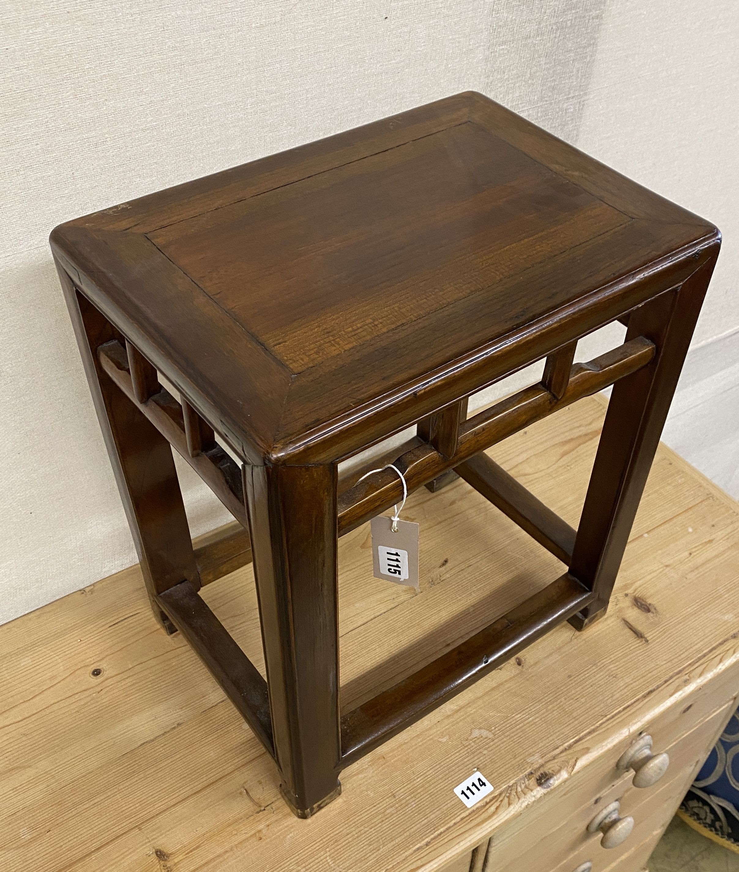 A Chinese rectangular hardwood occasional table, width 38cm, depth 28cm, height 45cm